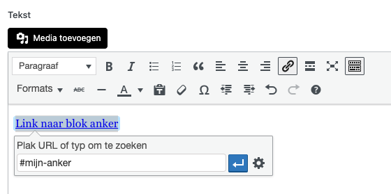 Het toevoegen van een blok anker aan een link binnen de wysiwyg editor.