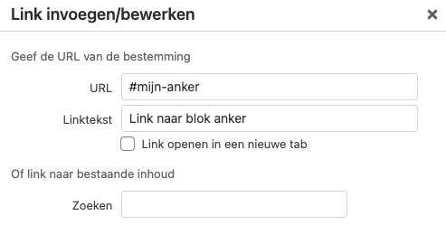 Pop-up dat tevoorschijn komt zodra er wordt gedrukt op 'link selecteren'. Vervolgens kan hier een blok anker worden toegevoegd.